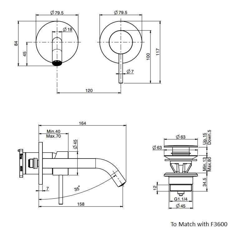 Fima Carlo Frattini "Spillo Up" F3051NX8CR + F3600 Wall Mounted Basin Mixer w/ click clack pop-up waste (155mm)
