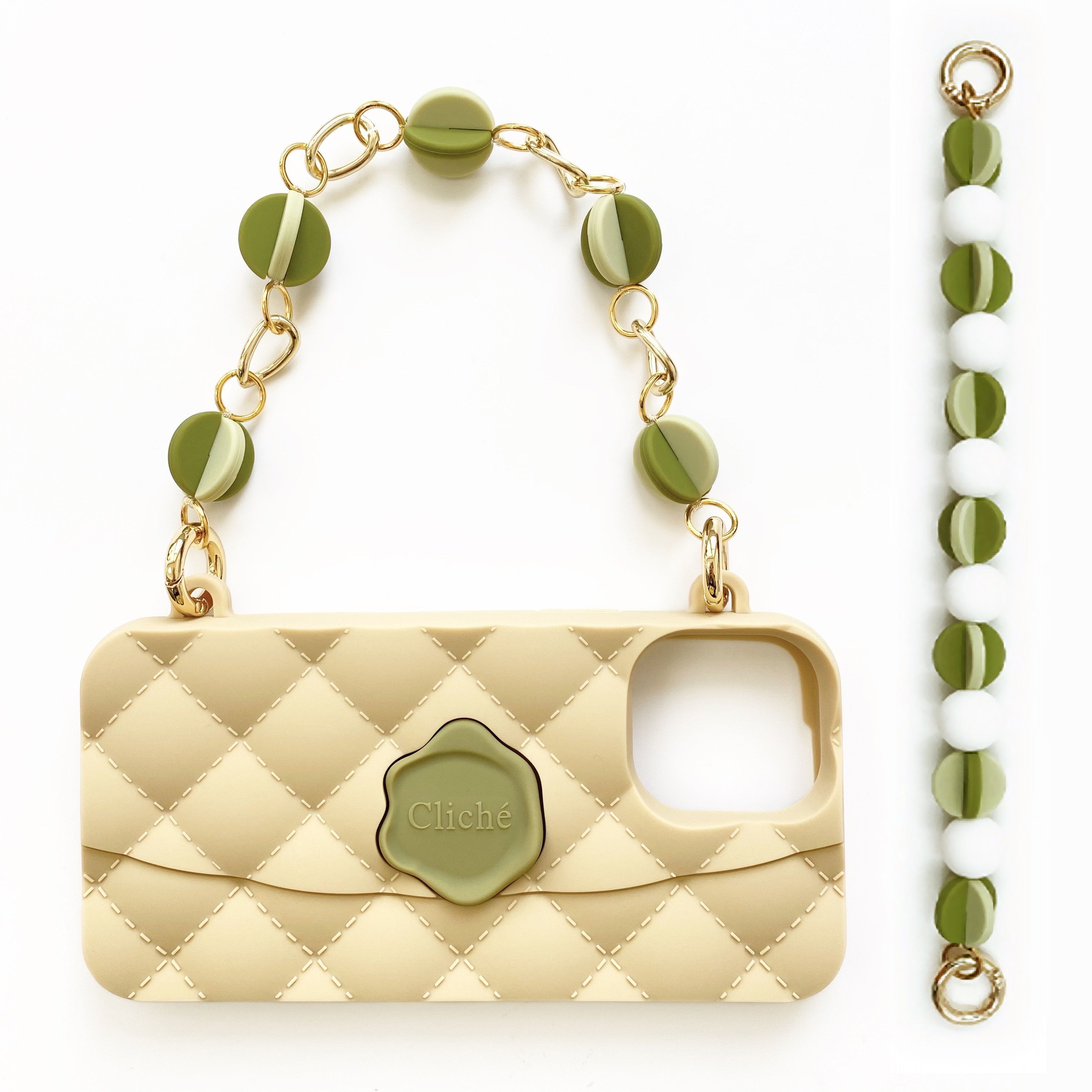 Candies iPhone 12 Pro Max - 小香風彩球晚宴包(米+綠)(2種鍊子可選)