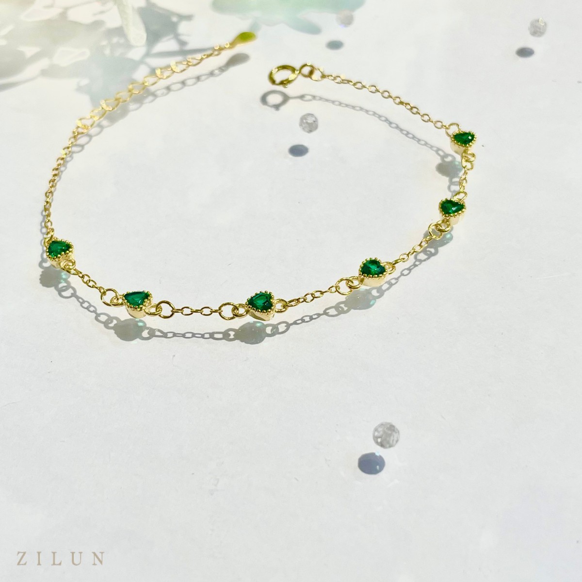 │輕珠寶│心串心 • 祖母綠鋯石 • 純銀手鍊 • 925silver