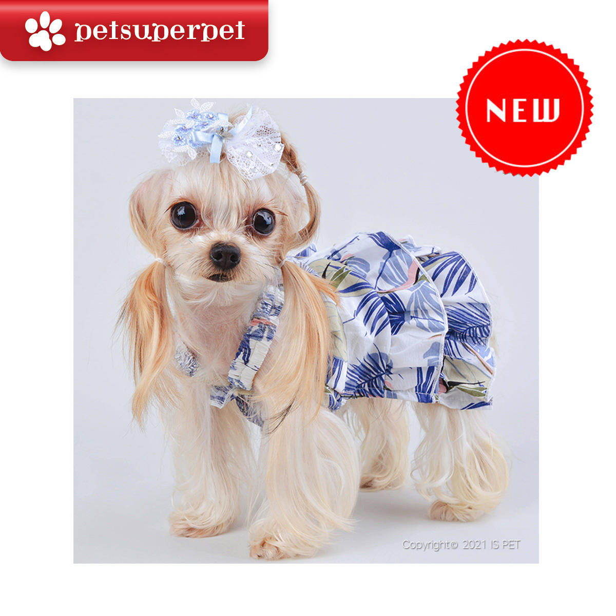 【新上架！】IsPet 寵物夏天裝—夏威夷連身公主裙(藍白色) - [4尺寸]