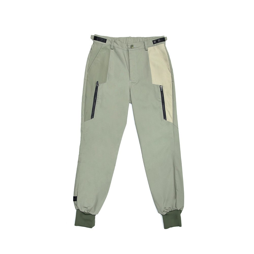 切角剪接束口褲 - 淺灰綠