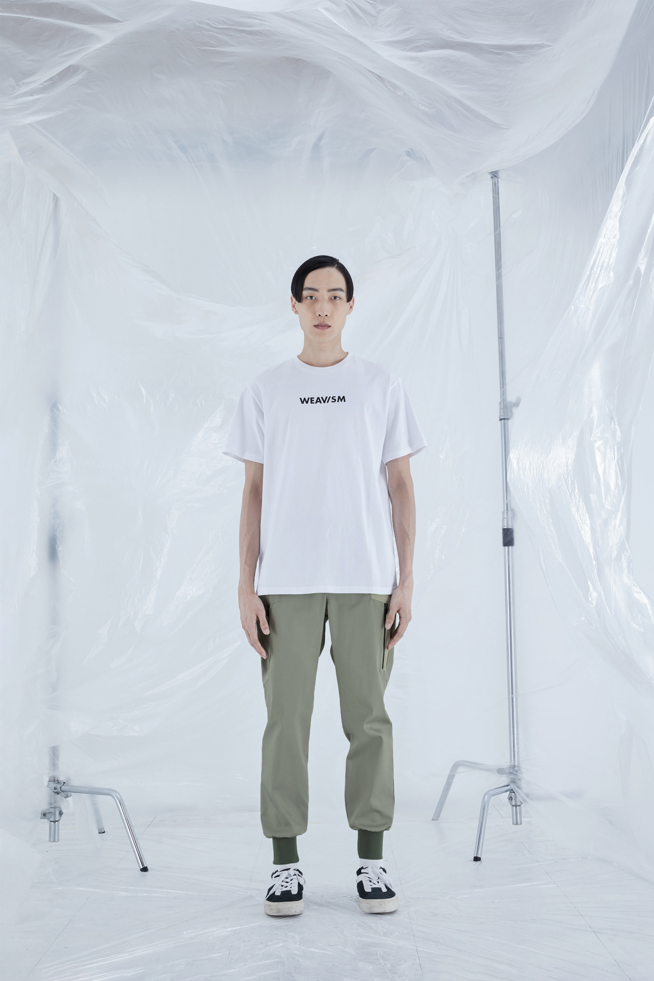 切角剪接束口褲 - 淺灰綠