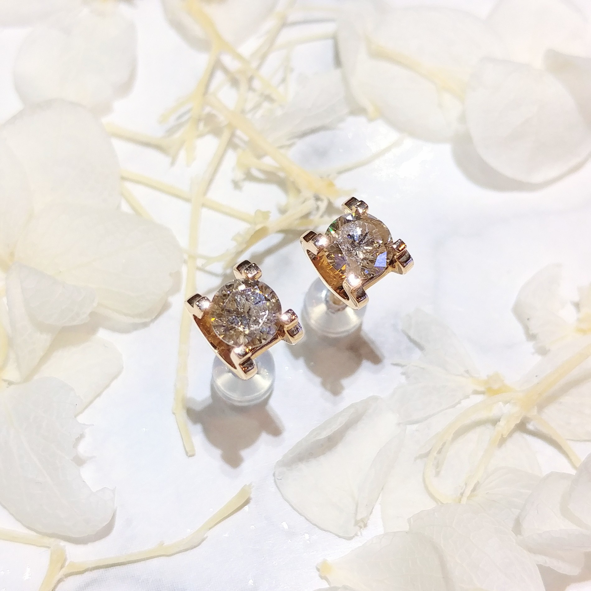 全新18K玫瑰金【主石98份鑽石】4爪耳環