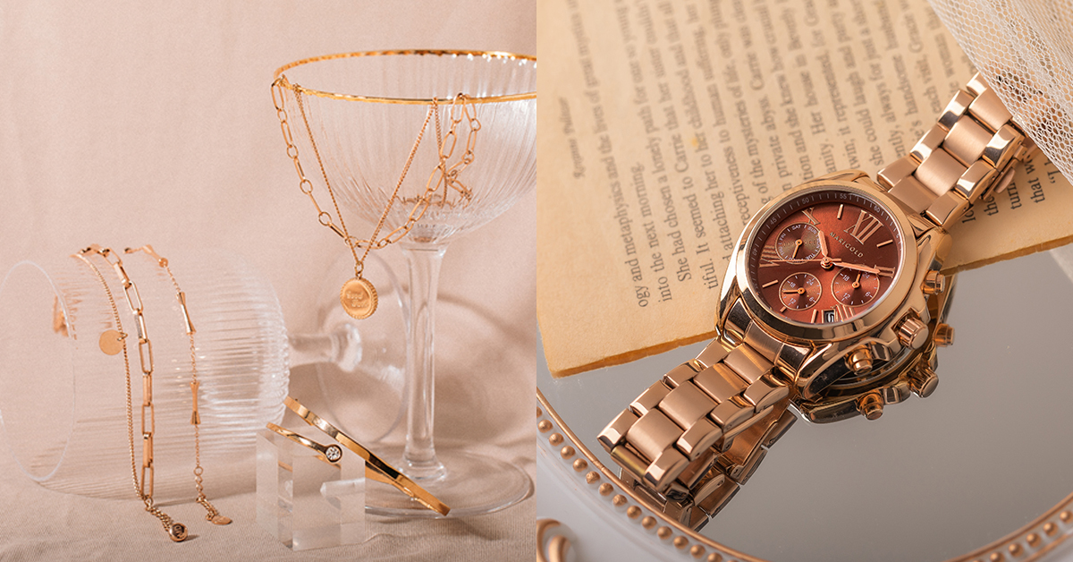 Glorious 手錶手鍊1+1禮盒-酒紅面玫金框-鍊帶玫金+不對稱流線鑲鑽手環-玫瑰金