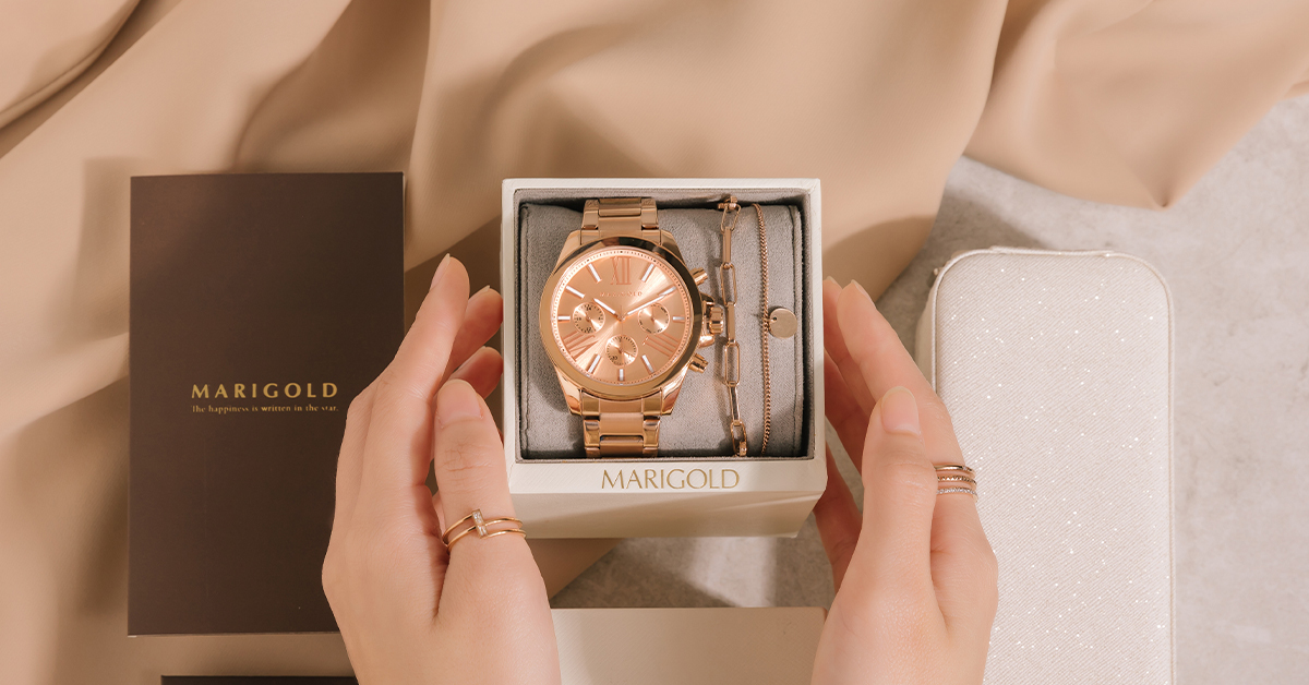 Glorious 手錶手鍊1+1禮盒-粉膚面玫金框-鍊帶玫金+圓形墜飾雙層手鍊-玫瑰金