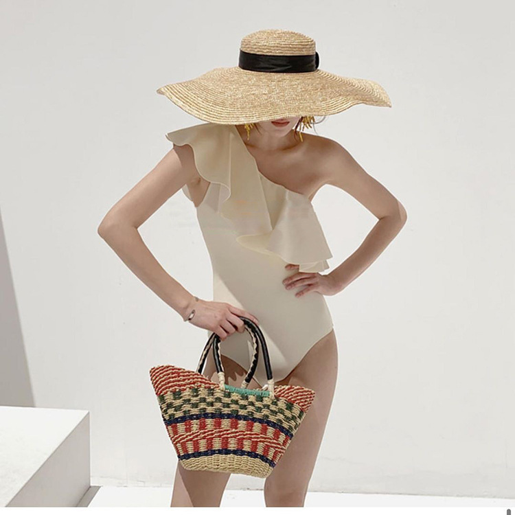 大荷葉邊 斜肩泳裝(珊瑚粉/奶白)