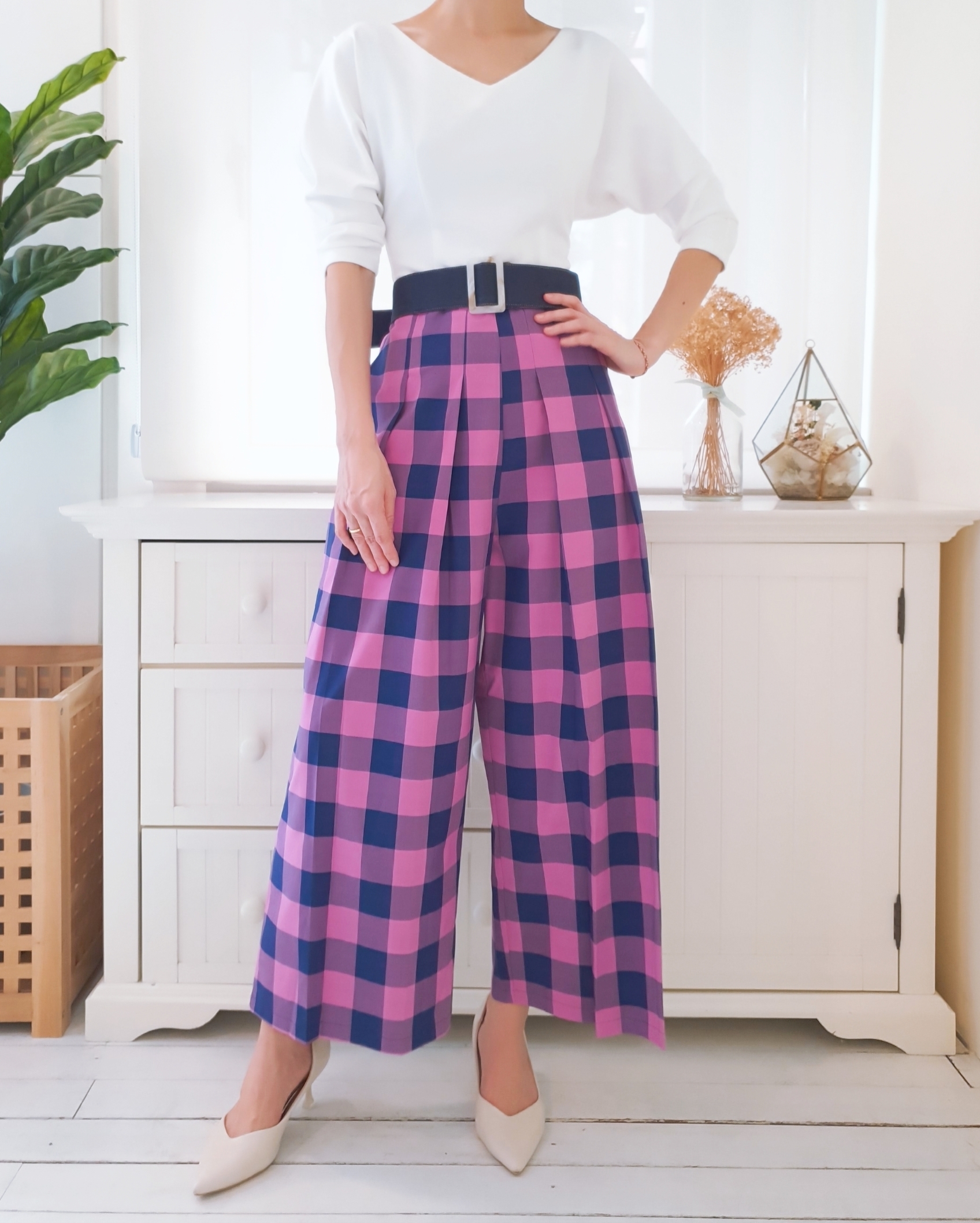 CHECKED M/SLEEVE LONG JUMPSUIT