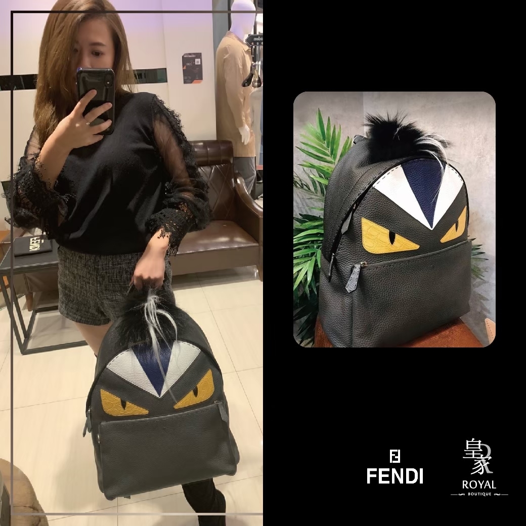 FENDI 芬迪 限量款 皮革拼接眼睛+貂毛真皮後背包