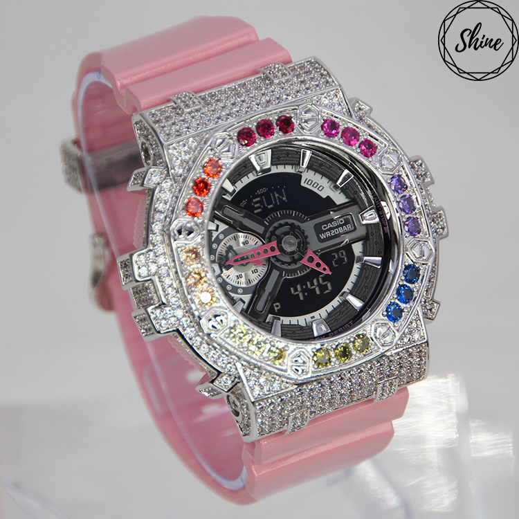 銀色 Mini-G 改裝手錶 GMA-S110MP-4A2 - 彩虹八角雙圈