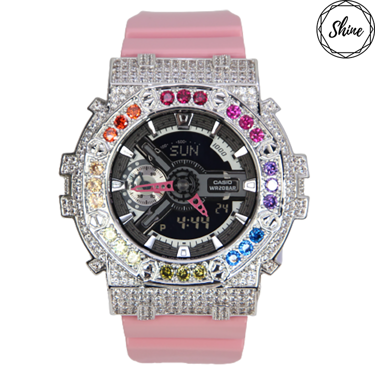 銀色 Mini-G 改裝手錶 GMA-S110MP-4A2 - 彩虹八角雙圈