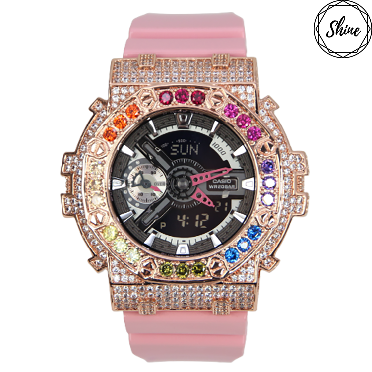 玫瑰金 Mini-G 改裝手錶 GMA-S110MP-4A2 - 彩虹八角雙圈