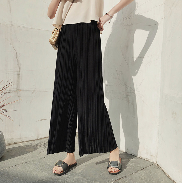 正韓 <現貨黑>  高腰百摺雪紡落地寬褲