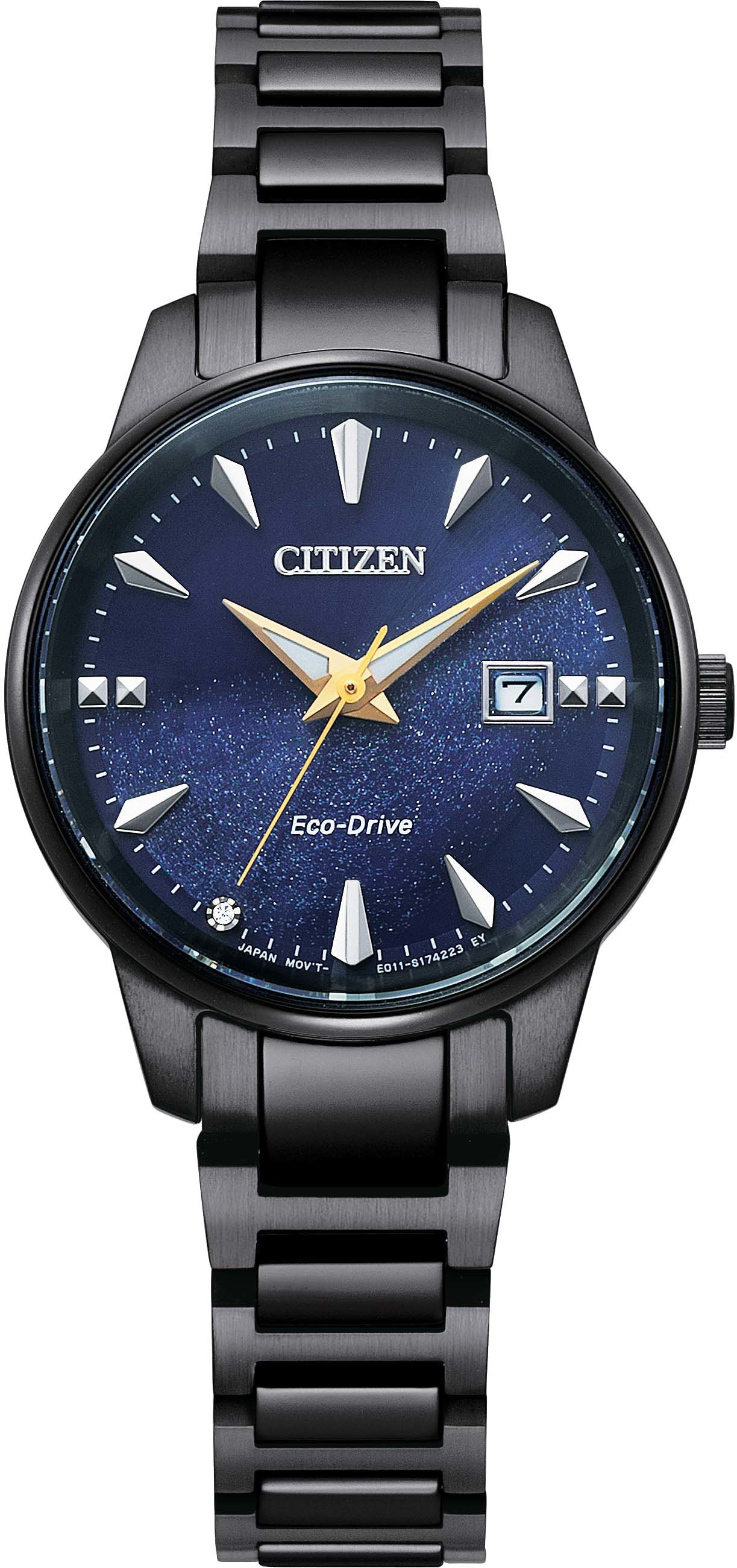 萬年鐘錶 - Citizen 星辰   全黑星空藍光動能女錶  EW2598-83L    錶徑29MM