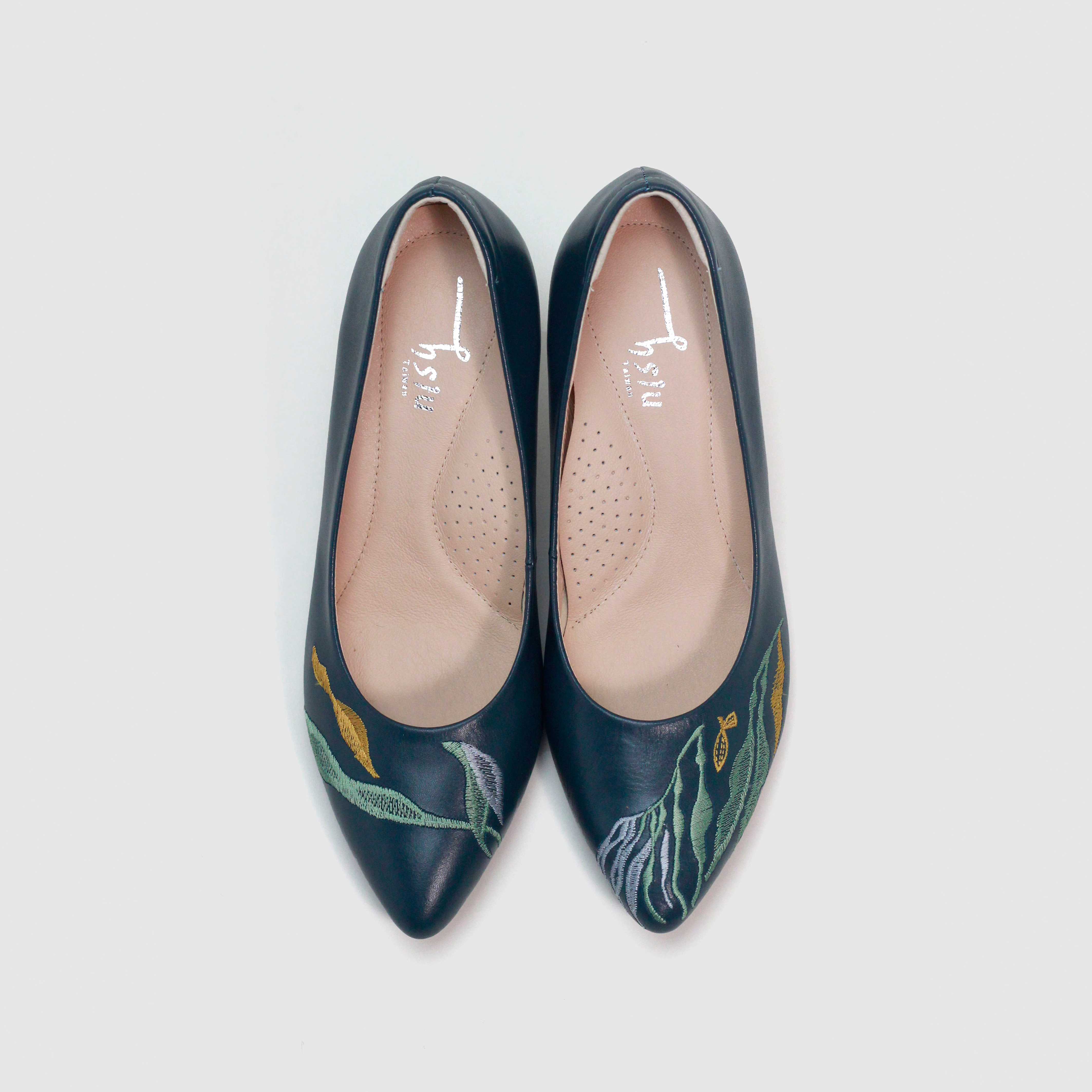 刺繡尖頭跟鞋｜珊瑚海 (孔雀藍)