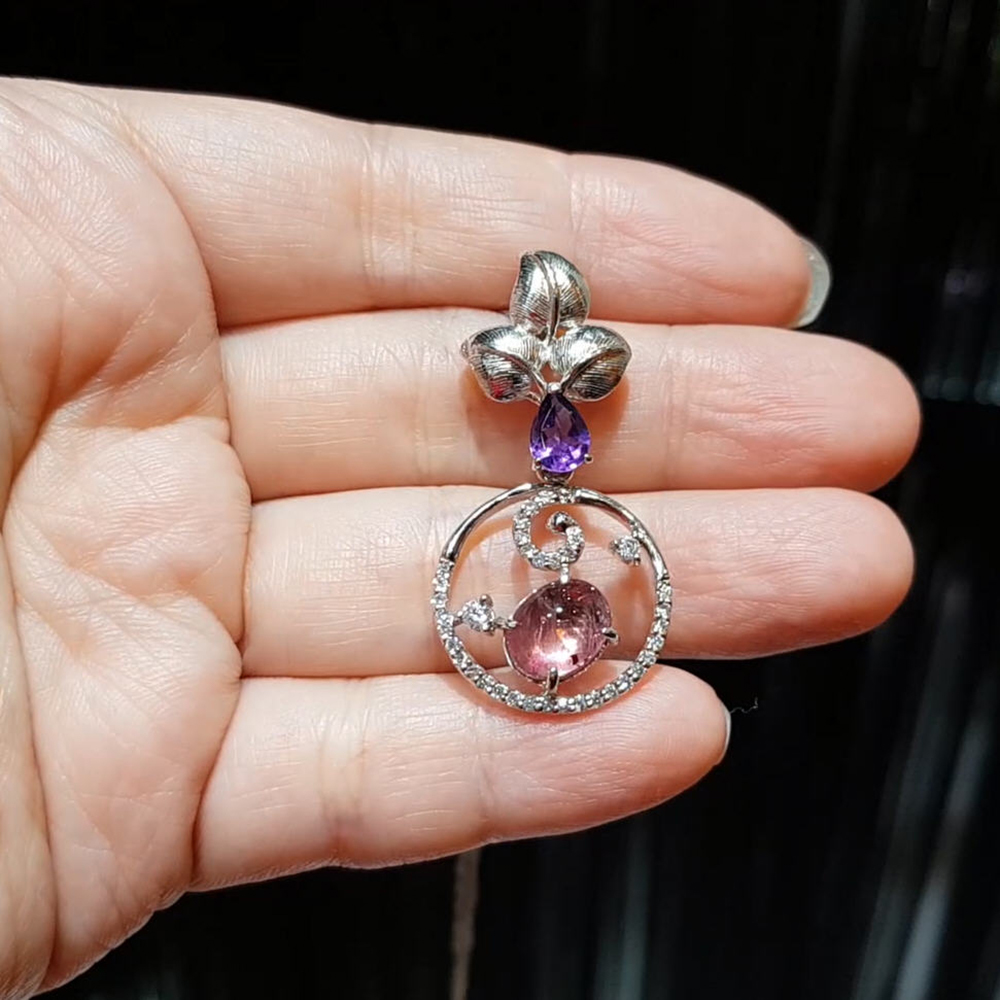 【雅紅珠寶】天然碧璽項鍊-925銀飾-雕花刻葉-N0242