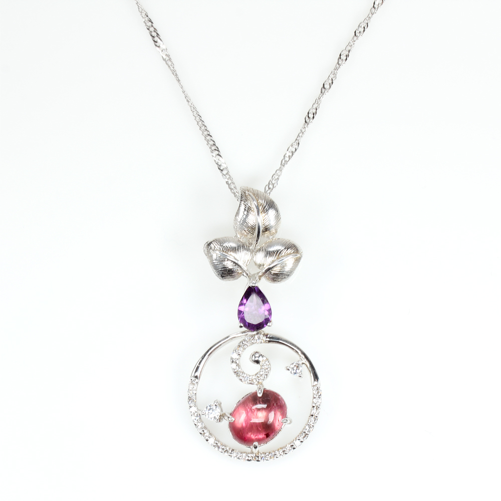 【雅紅珠寶】天然碧璽項鍊-925銀飾-雕花刻葉-N0242