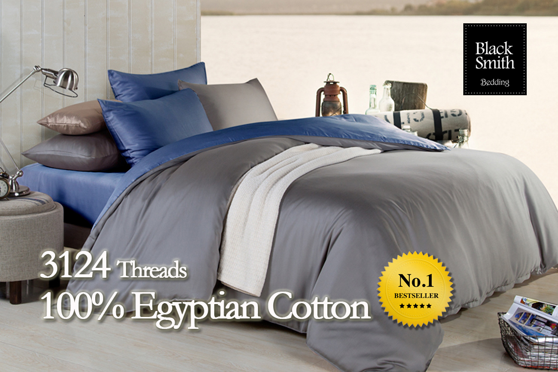 Black Smith - 藍/灰色3124 針埃及棉雙面床品套裝(單人/雙人/加大/特大)