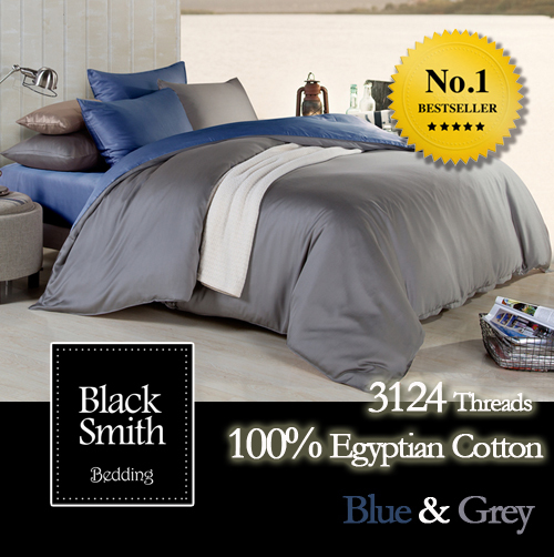 Black Smith - 藍/灰色3124 針埃及棉雙面床品套裝(單人/雙人/加大/特大)