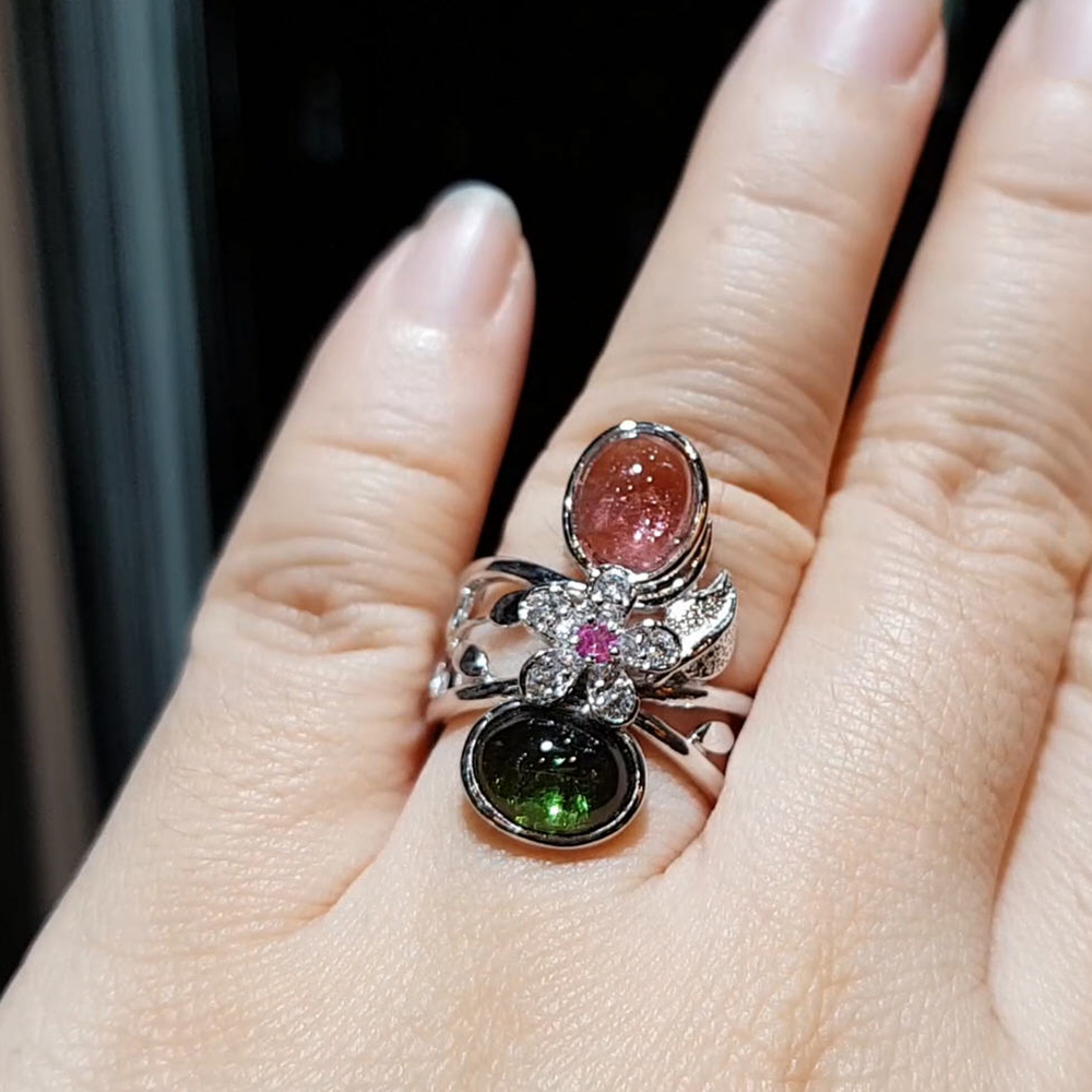 【雅紅珠寶】天然碧璽戒指-925銀飾-紅情綠意-R0369