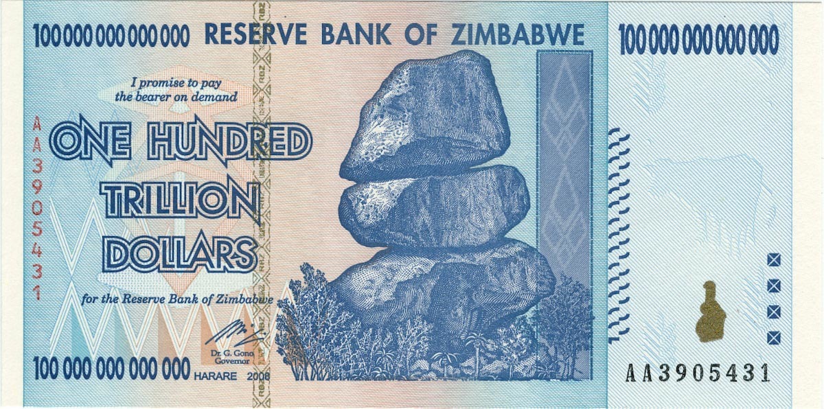 辛巴威 2000 年經歷惡性倒閉後，甚至在 2008 年印出面額高達100兆的鈔票