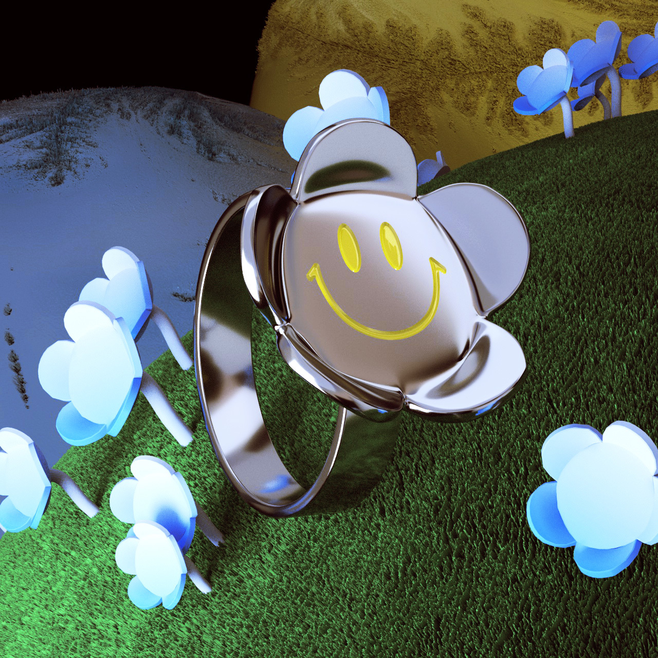 LURS 立體 黃色 微笑 花朵 戒指