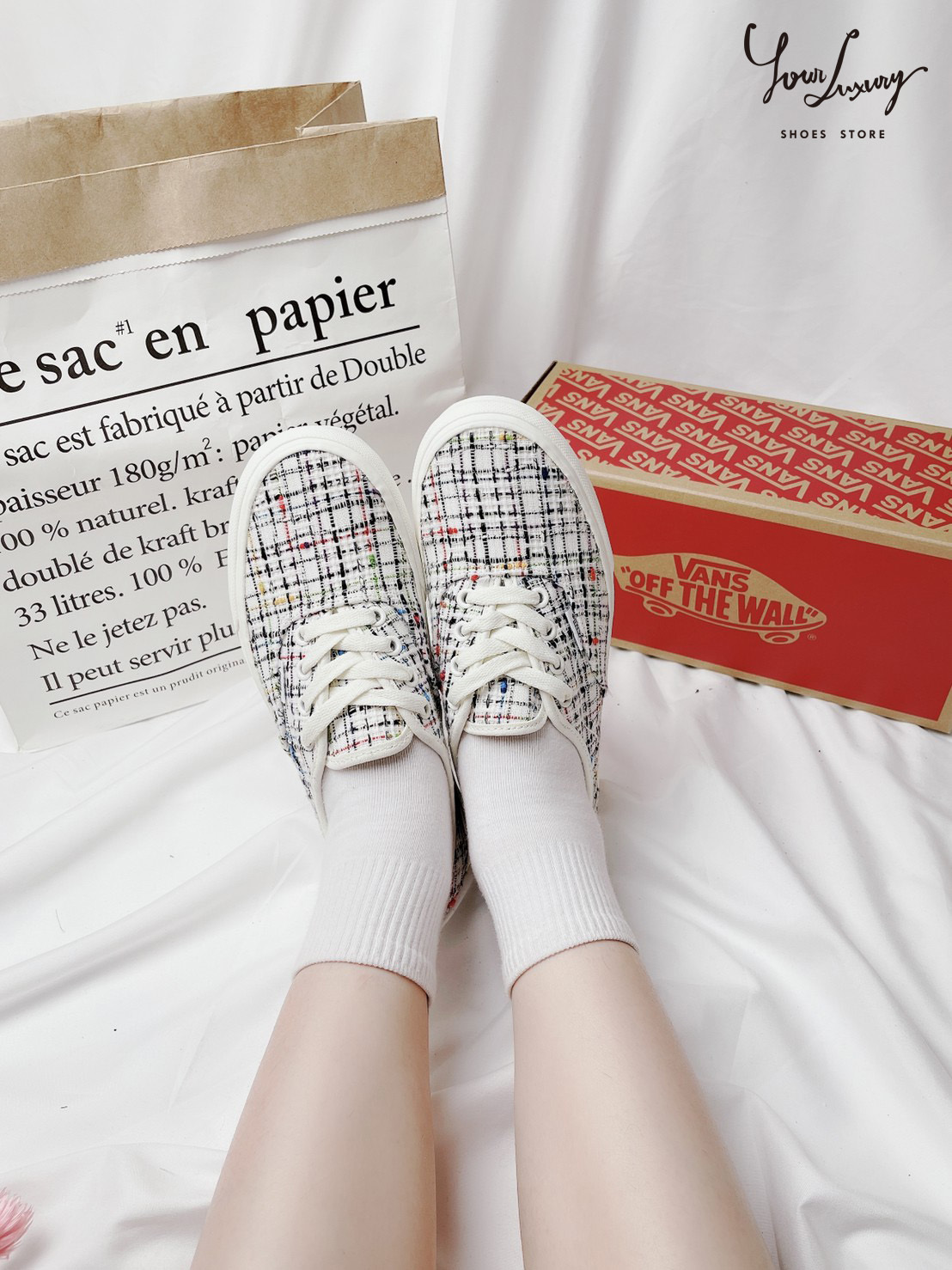 【Luxury】 Vans Authentic 白彩網格 白彩 小香風 男女 懶人拖鞋 懶人鞋 MULE 穆勒鞋