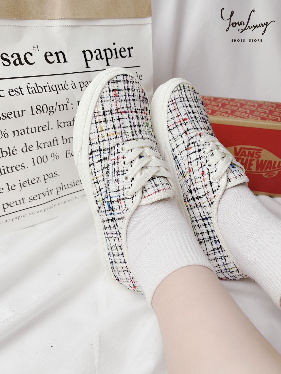 【Luxury】 Vans Authentic 白彩網格 白彩 小香風 男女 懶人拖鞋 懶人鞋 MULE 穆勒鞋
