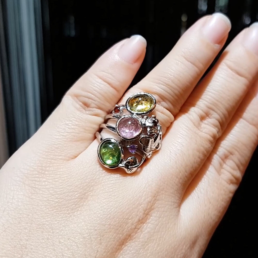 【雅紅珠寶】天然碧璽戒指-925銀飾-紅黃綠三元色-R0371