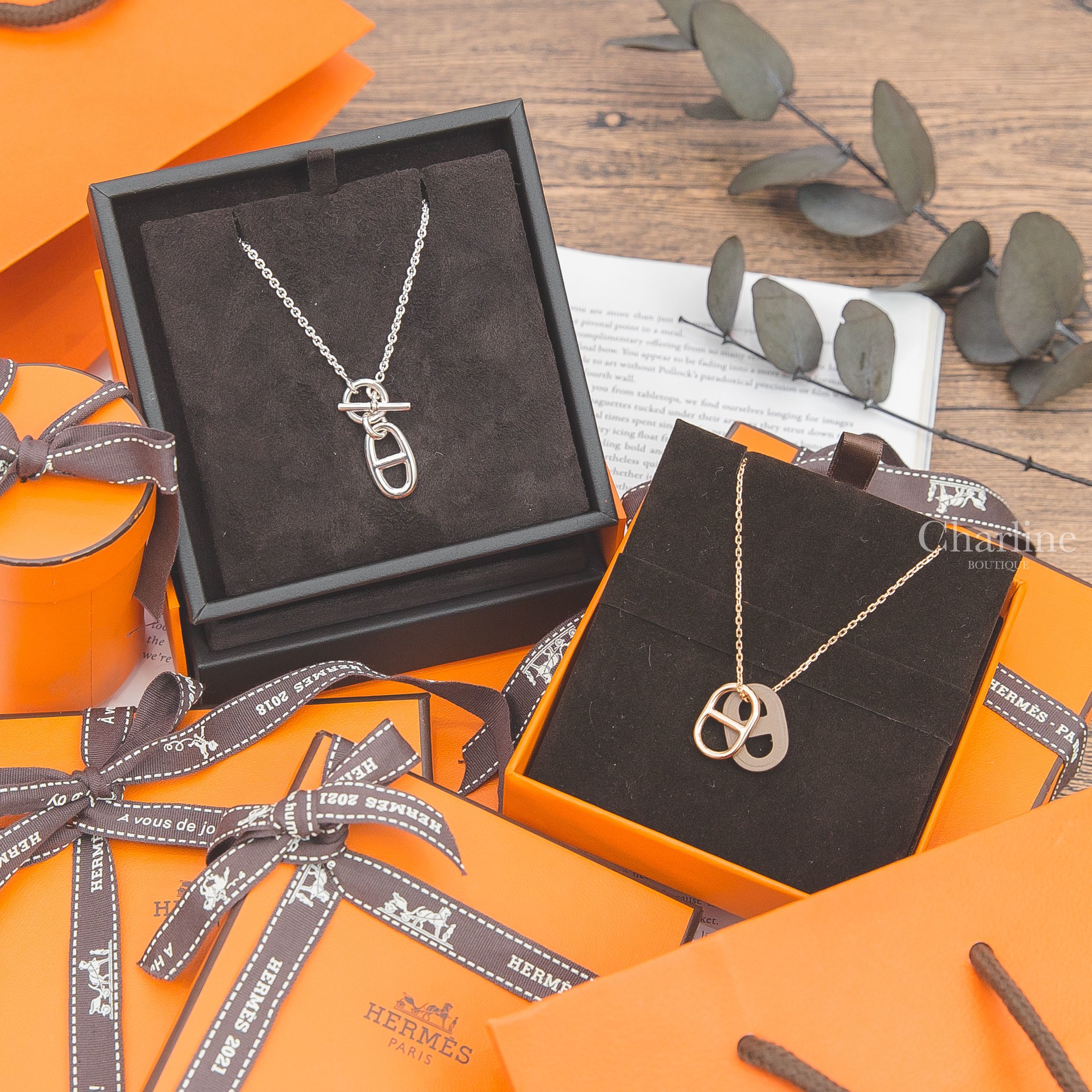 Hermès O'Maillon Pendant 大象灰牛皮玫瑰金色θ項鍊,Hermès Chaine D'ancre Pendant 銀色θ銀飾項鍊-Charline Boutique 精品代購