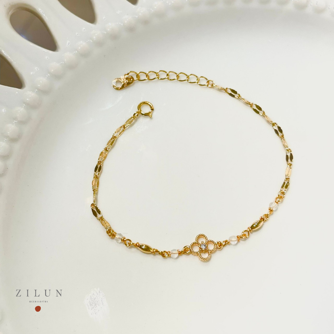 │簡約│金黃四葉草 • 白水晶 • 微鑲手鍊 • 14K注金 • 14kgf