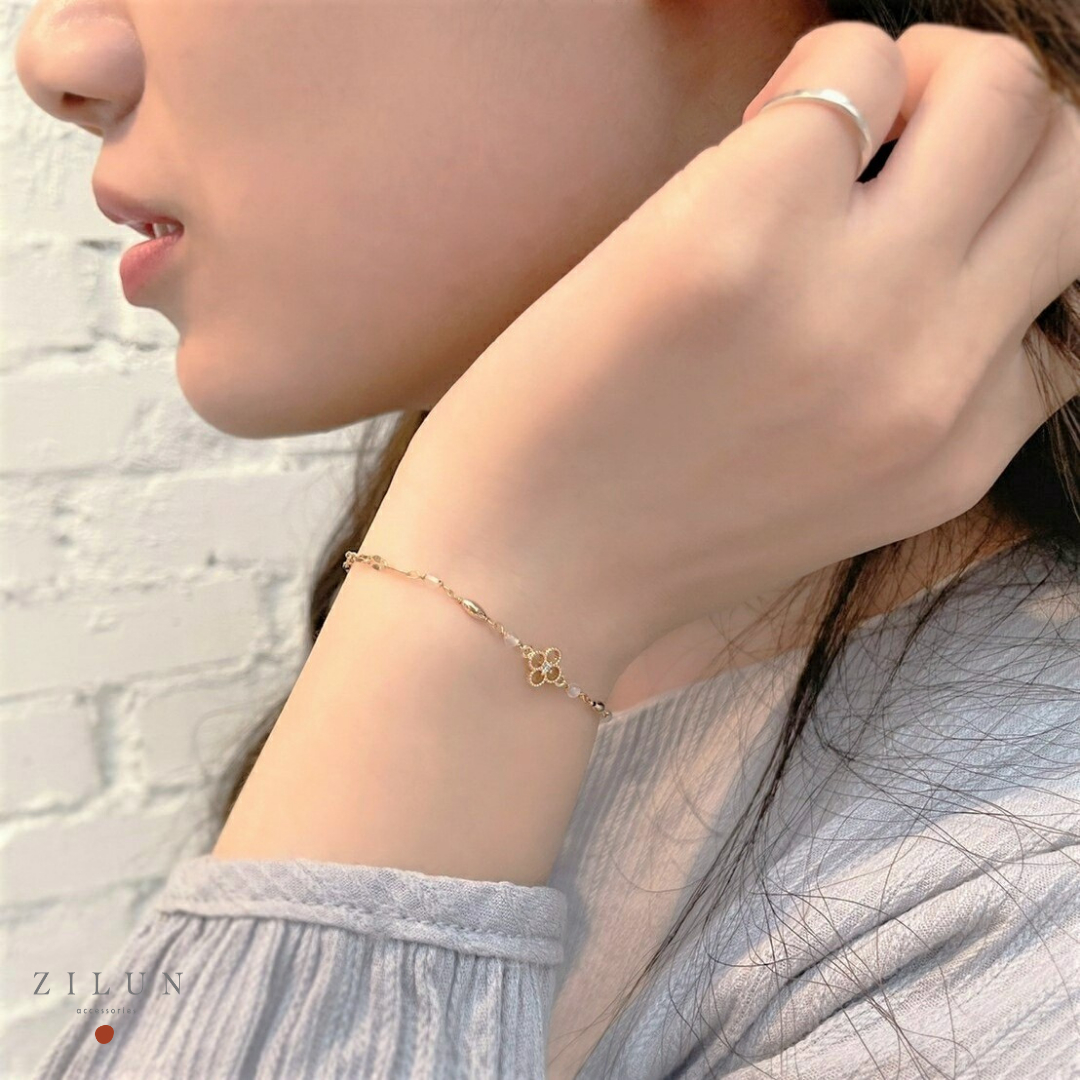 │簡約│金黃四葉草 • 白水晶 • 微鑲手鍊 • 14K注金 • 14kgf