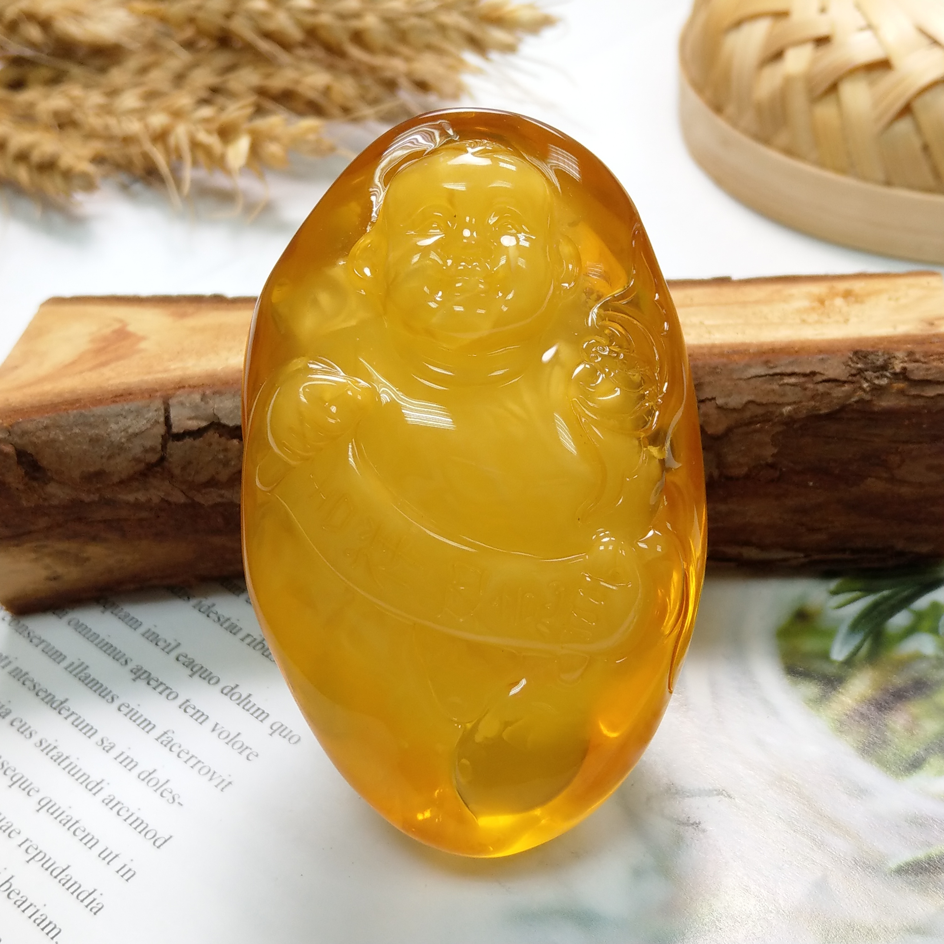 收藏款3A天然波羅的海氧化珍珠蜜蠟立體如意彌勒擺件