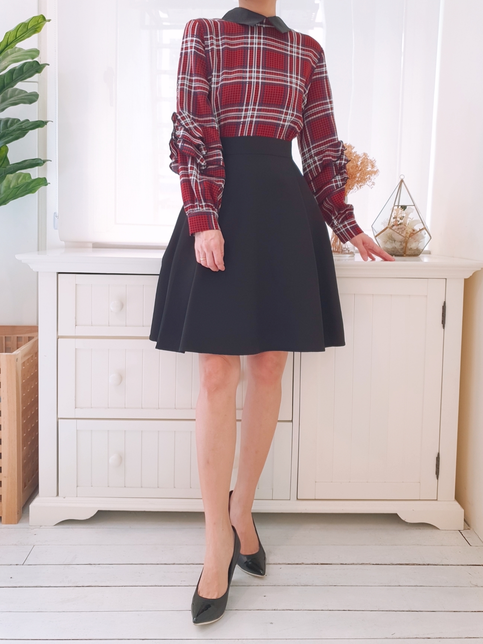 PLAID CHIFFON PANEL SKATER DRESS
