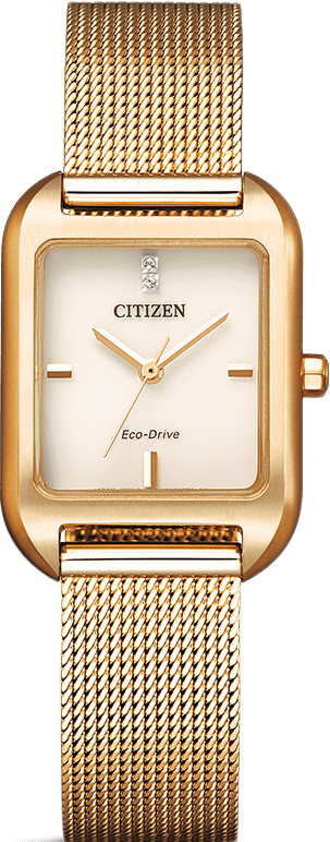 萬年鐘錶 - Citizen 星辰錶 方形玫瑰金米蘭錶帶光動能女錶   EM0493-85P  錶徑24MM