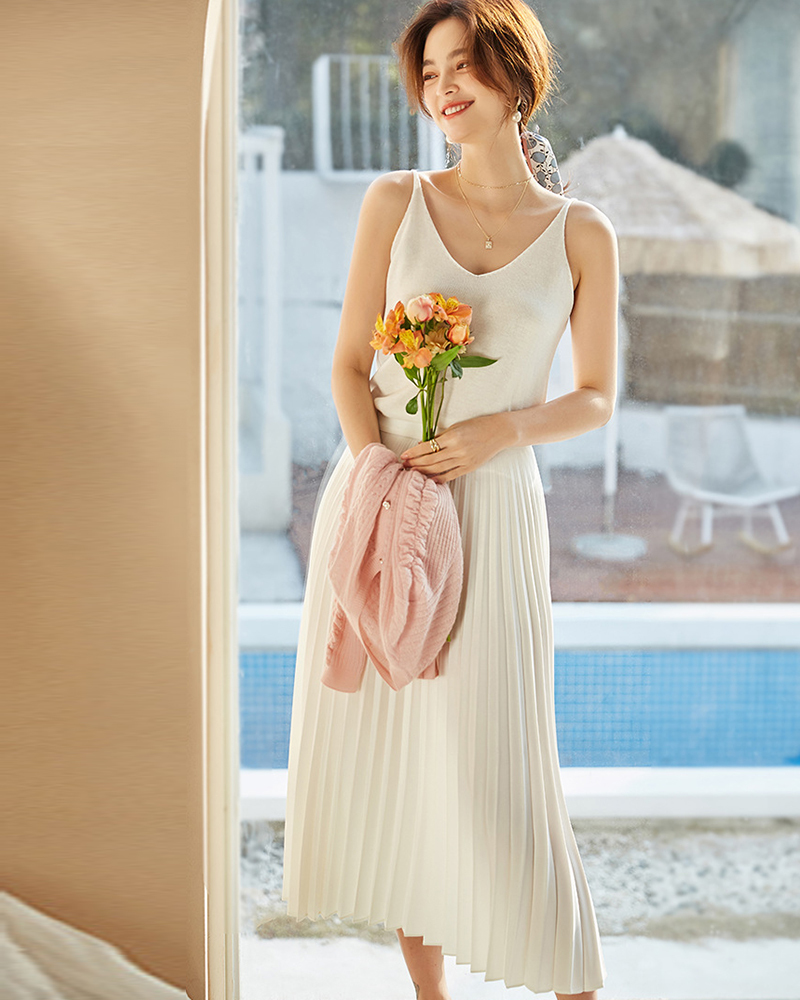 DEER.W 百褶絲緞長裙 白色