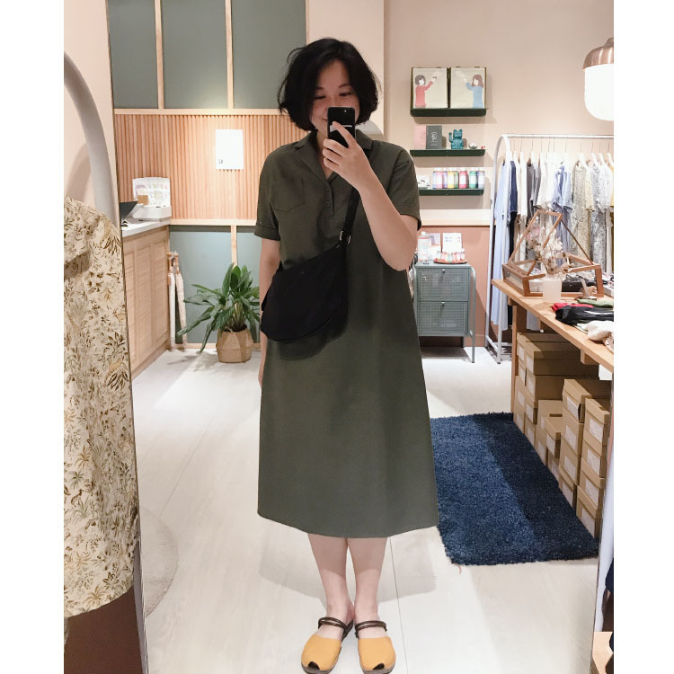 夏至安遊開襟領洋裝-茶樹