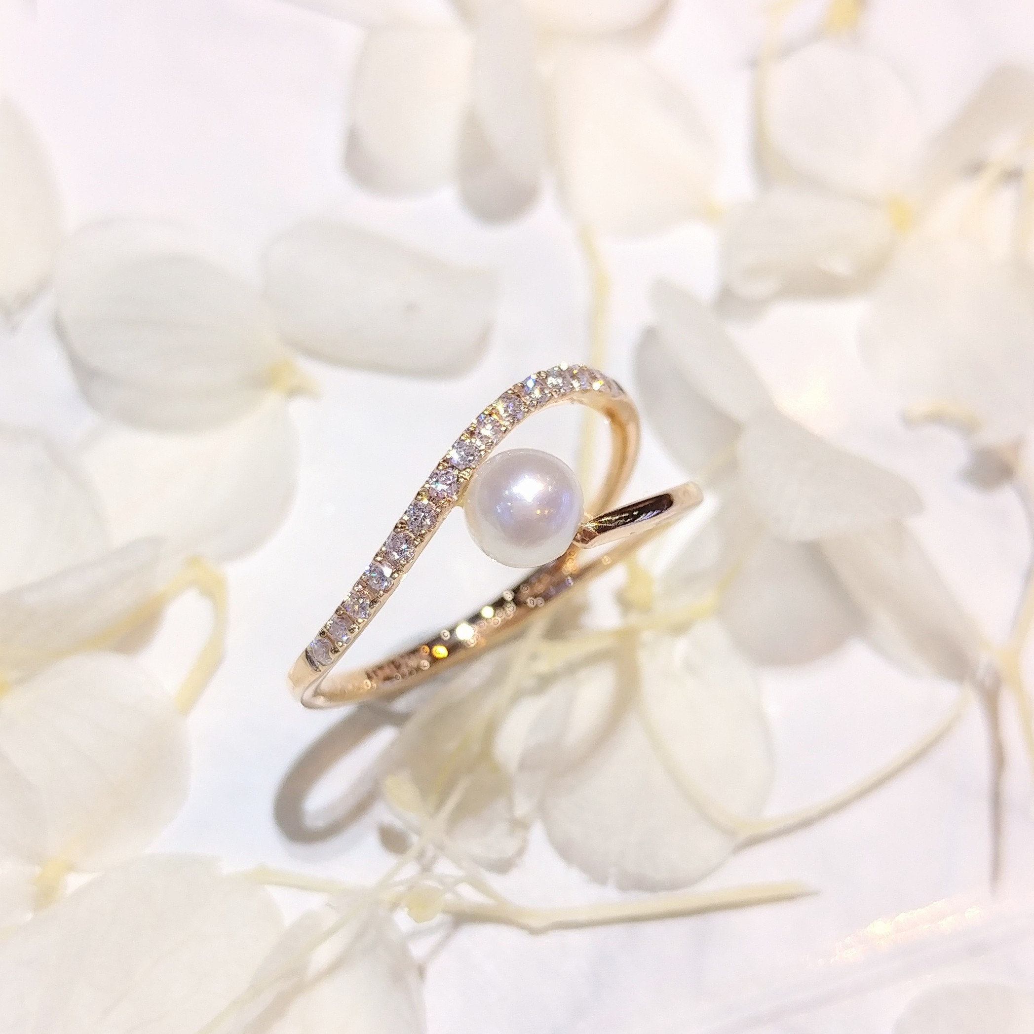 全新18K玫瑰金11份鑽石珍珠戒指