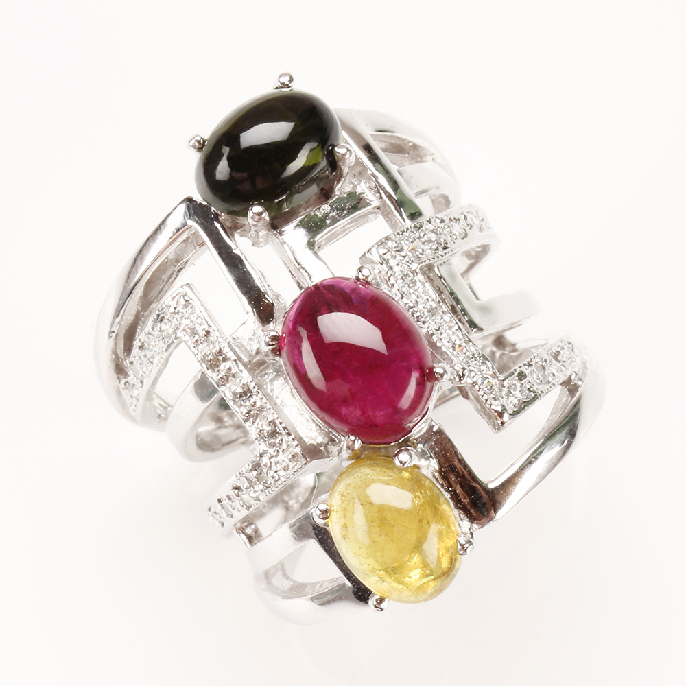 【雅紅珠寶】天然碧璽戒指-925銀飾-豐富多采-三彩-R0312