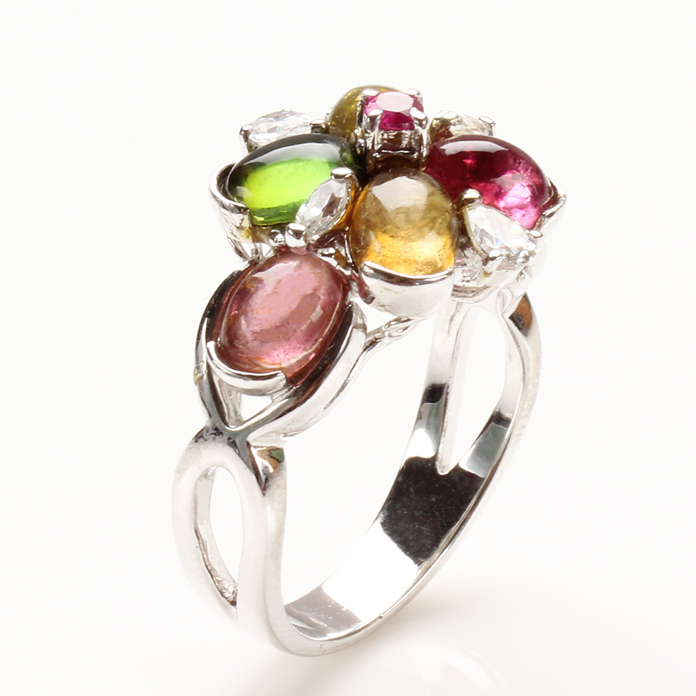 【雅紅珠寶】天然多彩碧璽戒指-925銀飾-花花哨哨-R0285