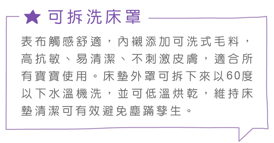 可拆洗床罩表布觸感舒適,內襯添加可洗式毛料,高抗敏、易清潔、不刺激皮膚,適合所有寶寶使用。床墊外罩可拆下來以60度以下水溫機洗,並可低溫烘乾,維持床墊清潔可有效避免塵蹣孳生。