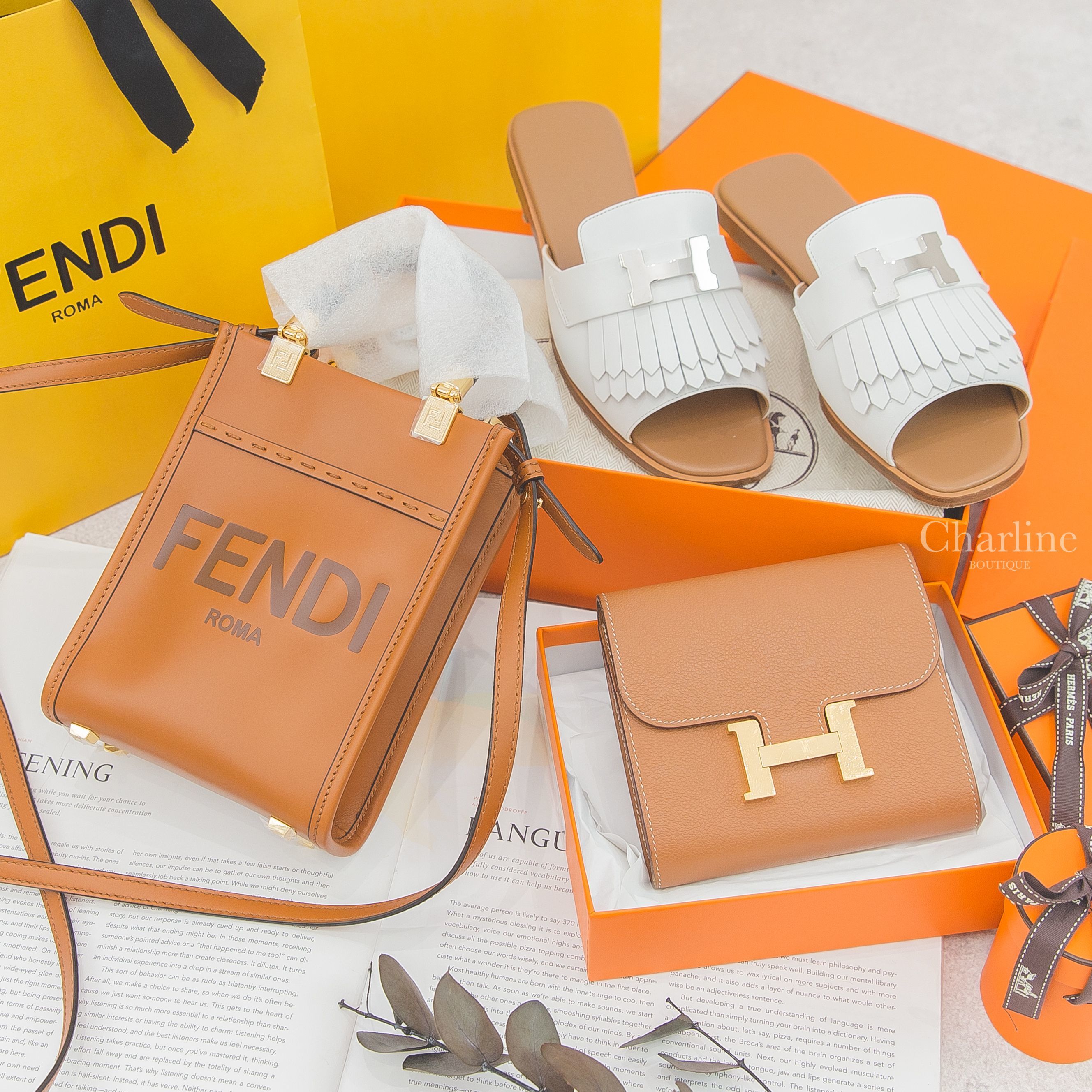 Fendi Sunshine Shopper 咖啡色字母牛皮琥珀提把迷你手提肩背托特包,Hermès Sandal 白色銀釦H流蘇牛皮拖鞋,Hermes Constance Compact 焦糖色金釦短夾-Charline Boutique 精品代購