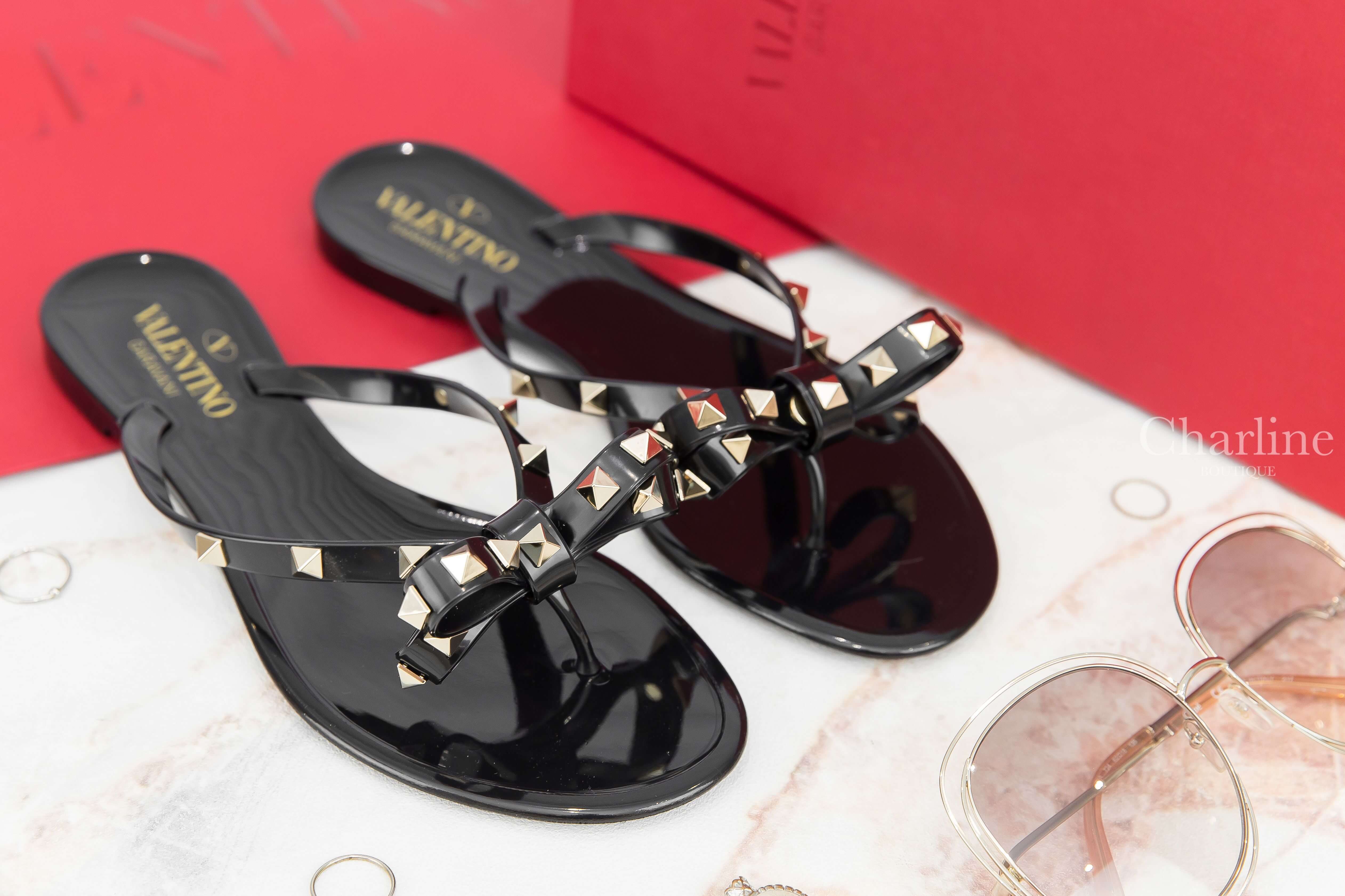 Valentino Rubber Rockstud Thong 黑色龐克卯釘羅馬平底拖鞋