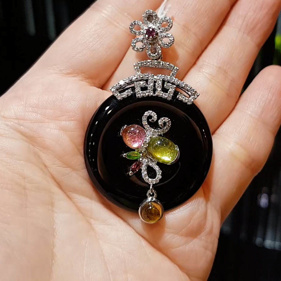 【雅紅珠寶】天然黑瑪瑙碧璽項鍊-925銀飾-別有洞天-N0254