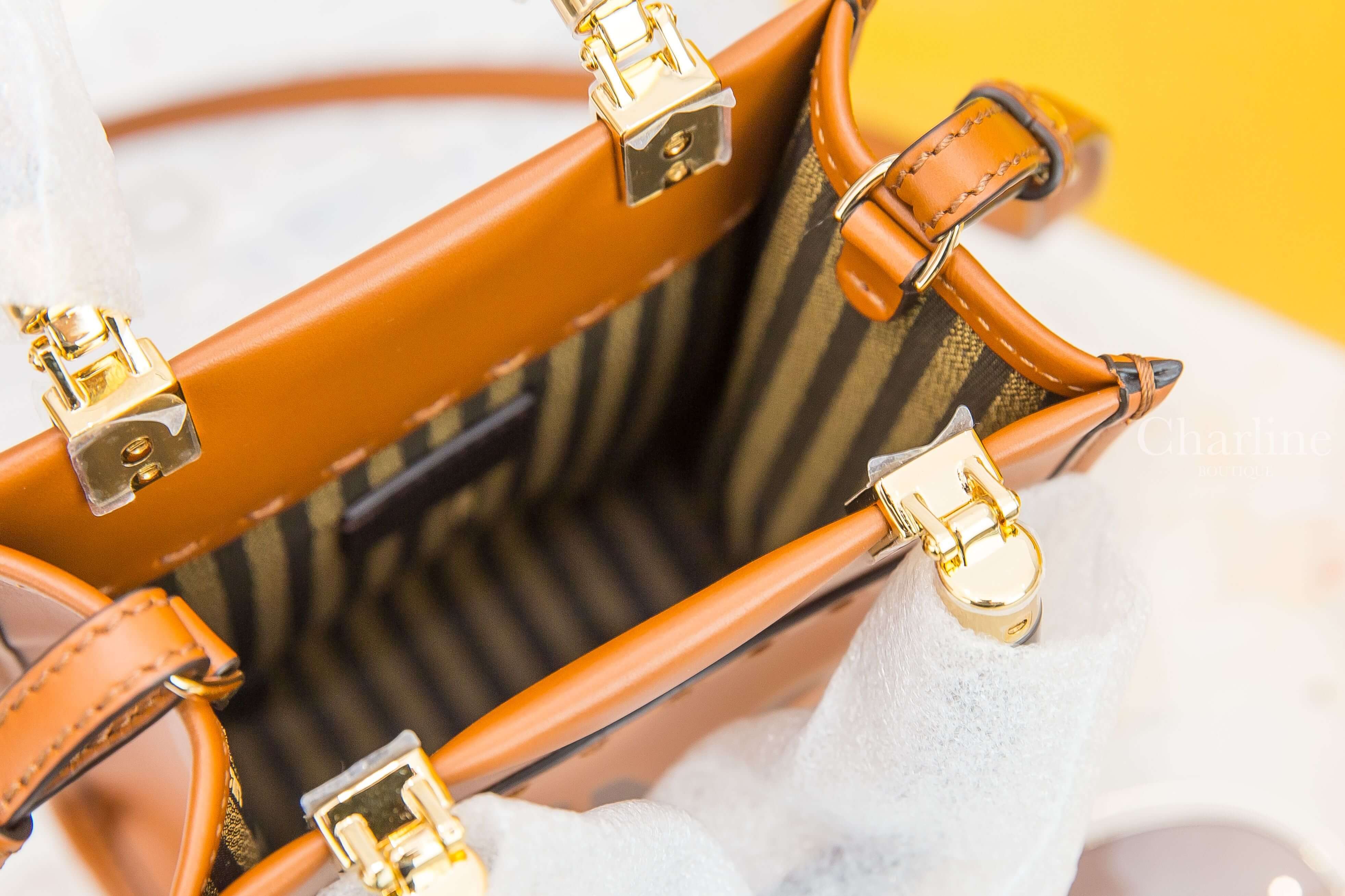 Fendi Mini Sunshine Shopper 咖啡色字母小牛皮琥珀提把迷你手提肩背托特包-Charline Boutique 精品代購