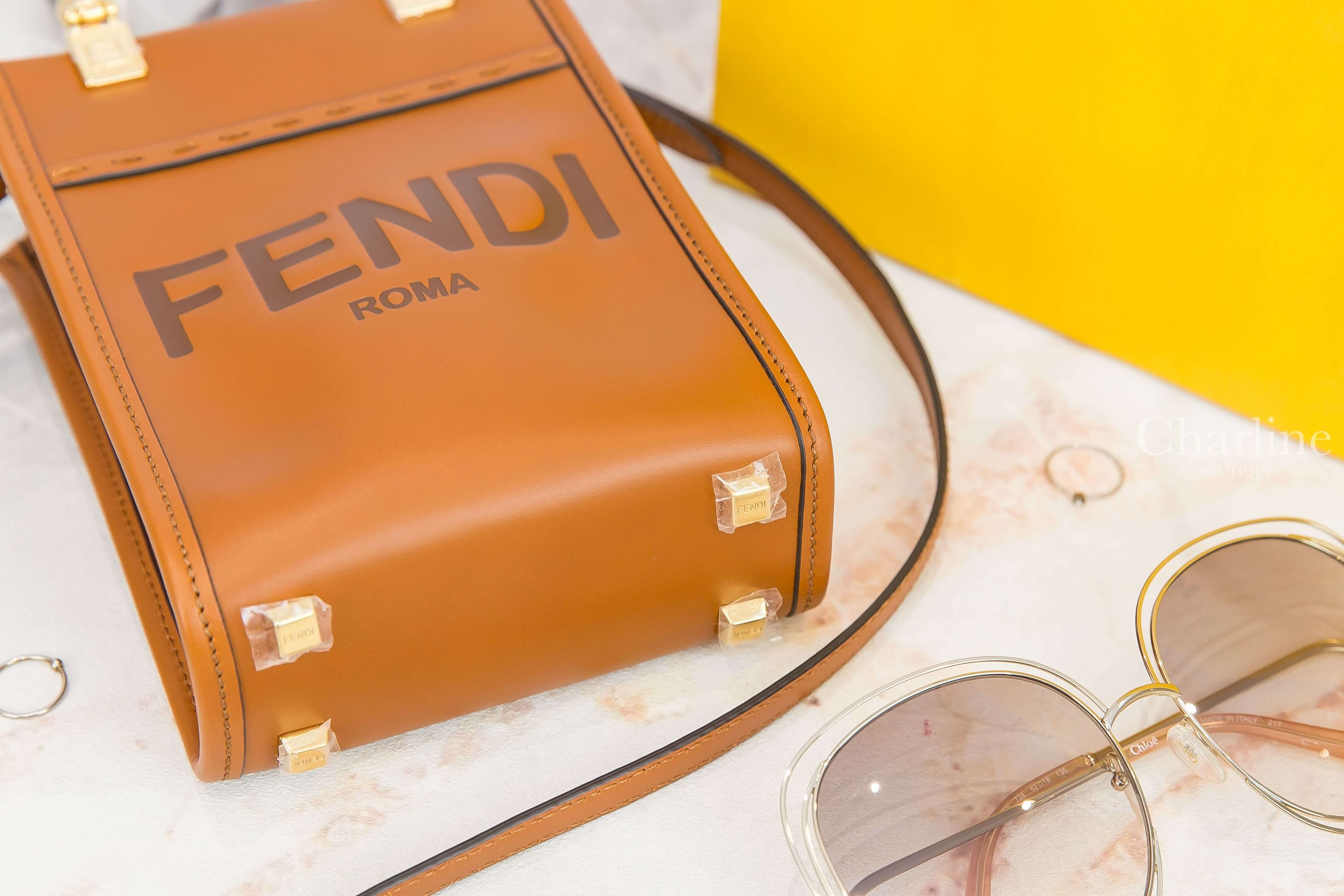 Fendi Mini Sunshine Shopper 咖啡色字母小牛皮琥珀提把迷你手提肩背托特包-Charline Boutique 精品代購