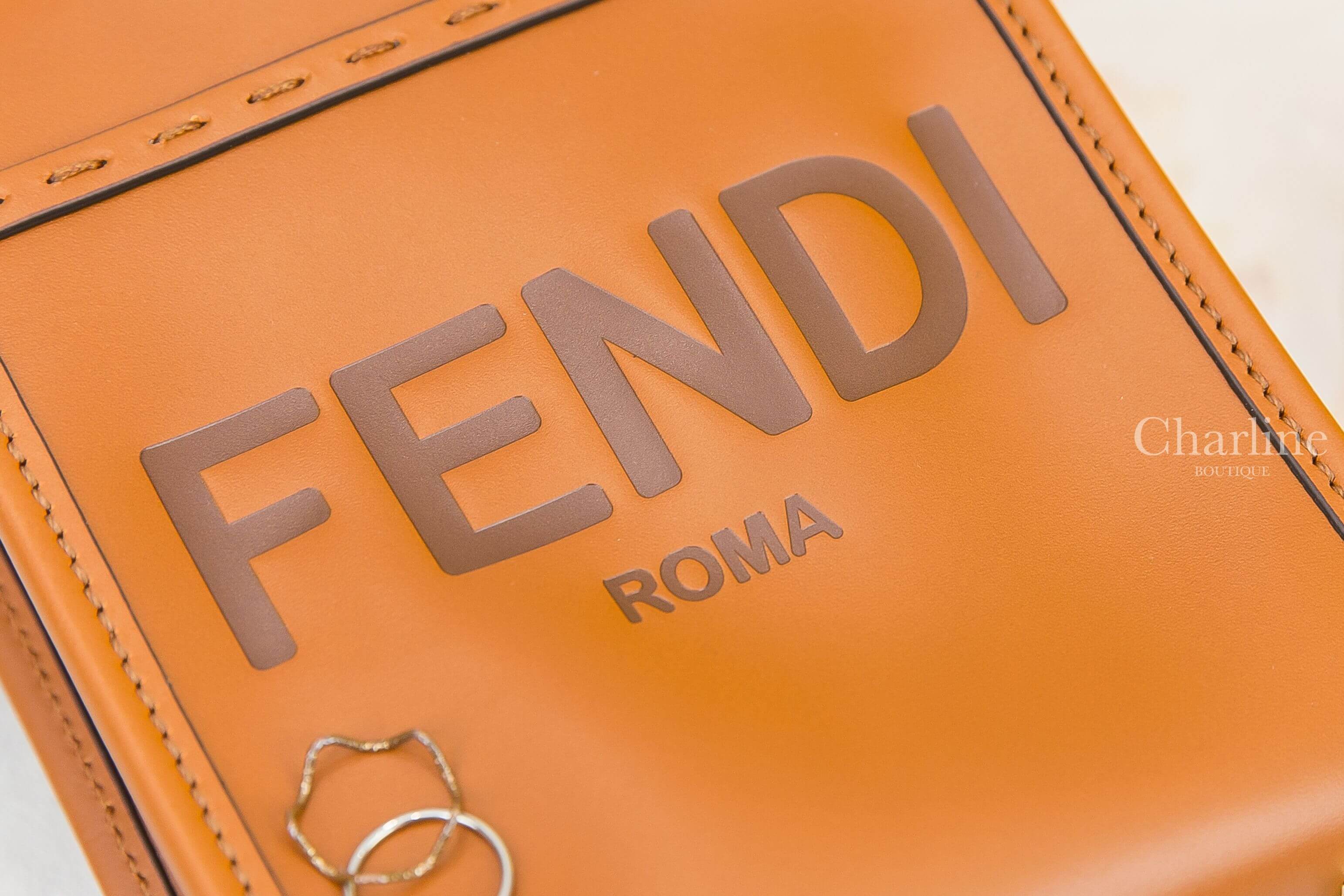 Fendi Mini Sunshine Shopper 咖啡色字母小牛皮琥珀提把迷你手提肩背托特包