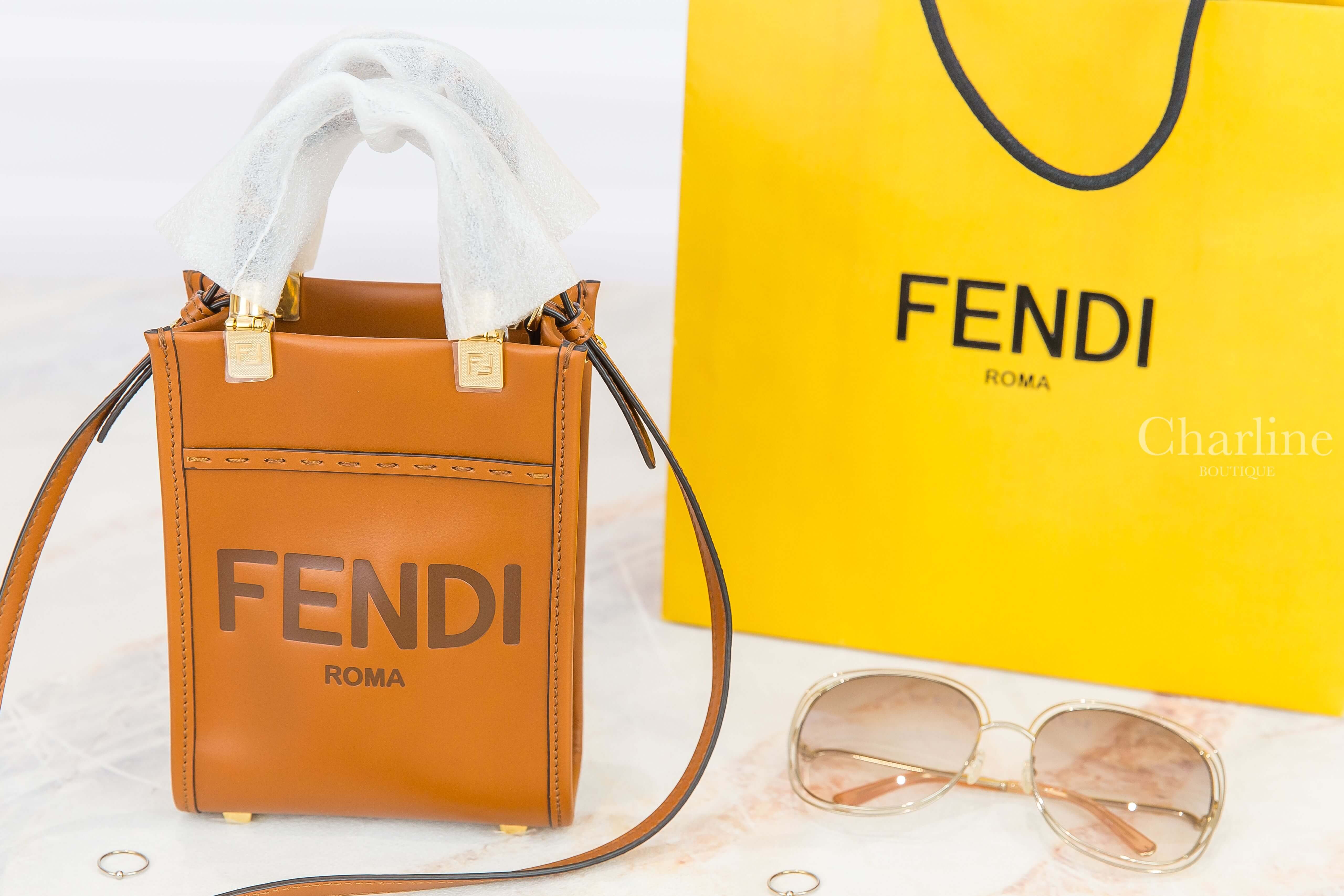 Fendi Mini Sunshine Shopper 咖啡色字母小牛皮琥珀提把迷你手提肩背托特包-Charline Boutique 精品代購