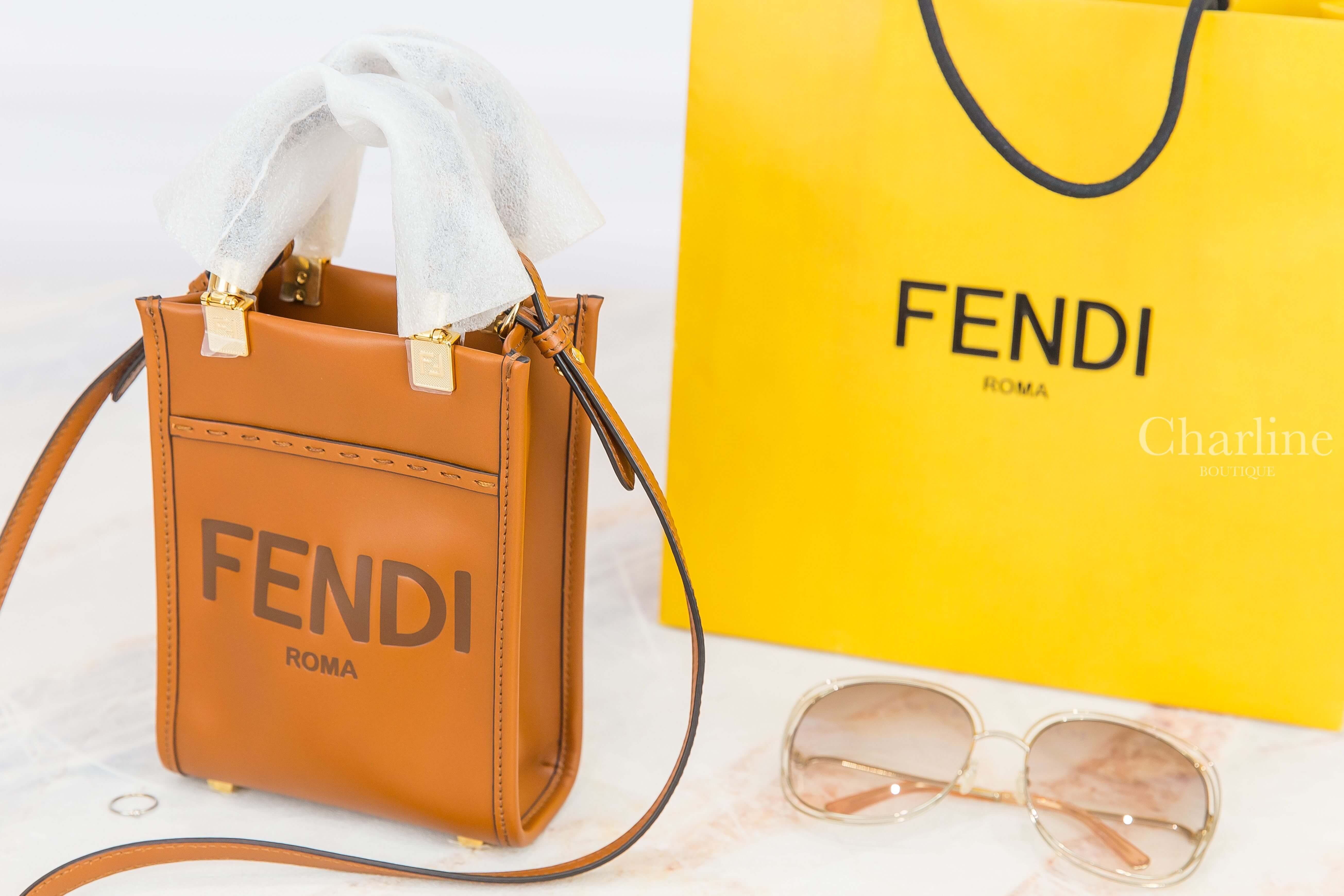 Fendi Mini Sunshine Shopper 咖啡色字母小牛皮琥珀提把迷你手提肩背托特包-Charline Boutique 精品代購