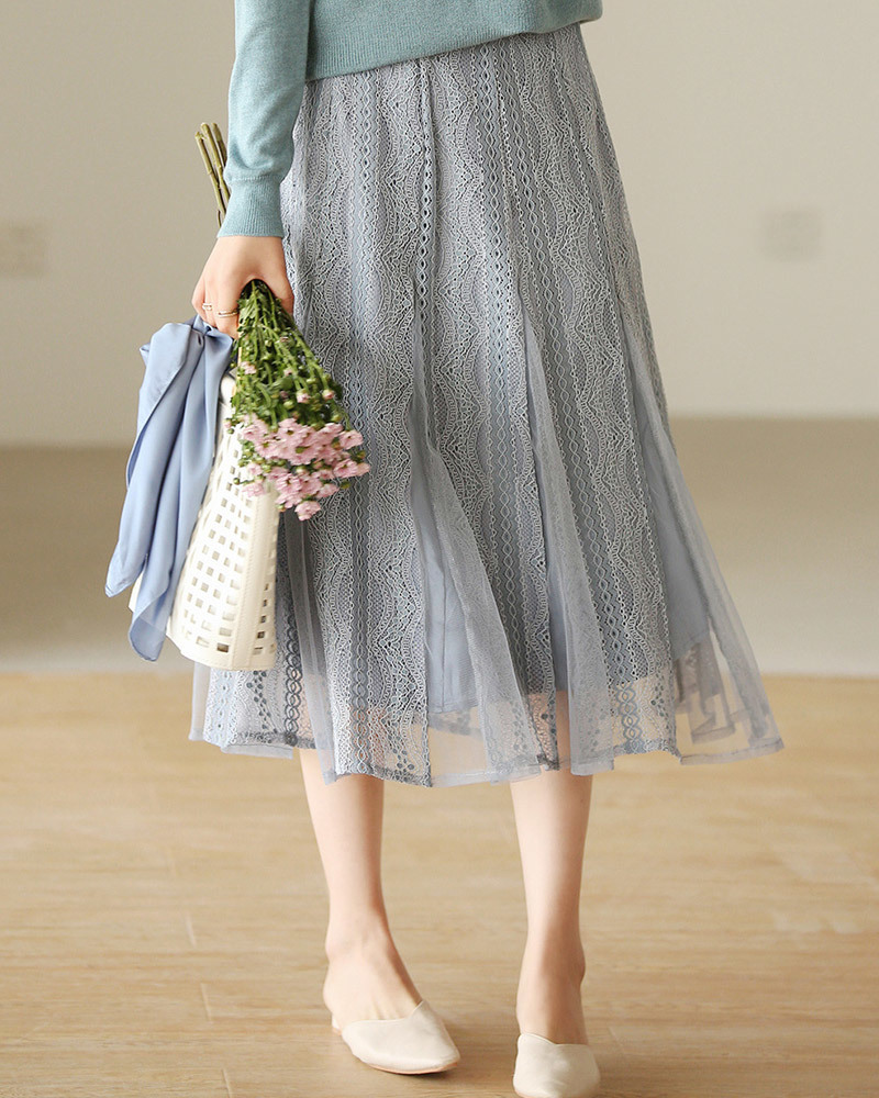 緹花網紗拼接中長裙 兩色