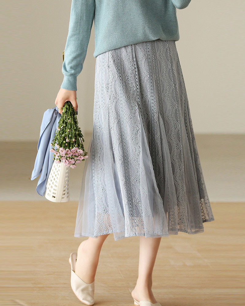 DEER.W緹花網紗拼接中長裙 灰藍